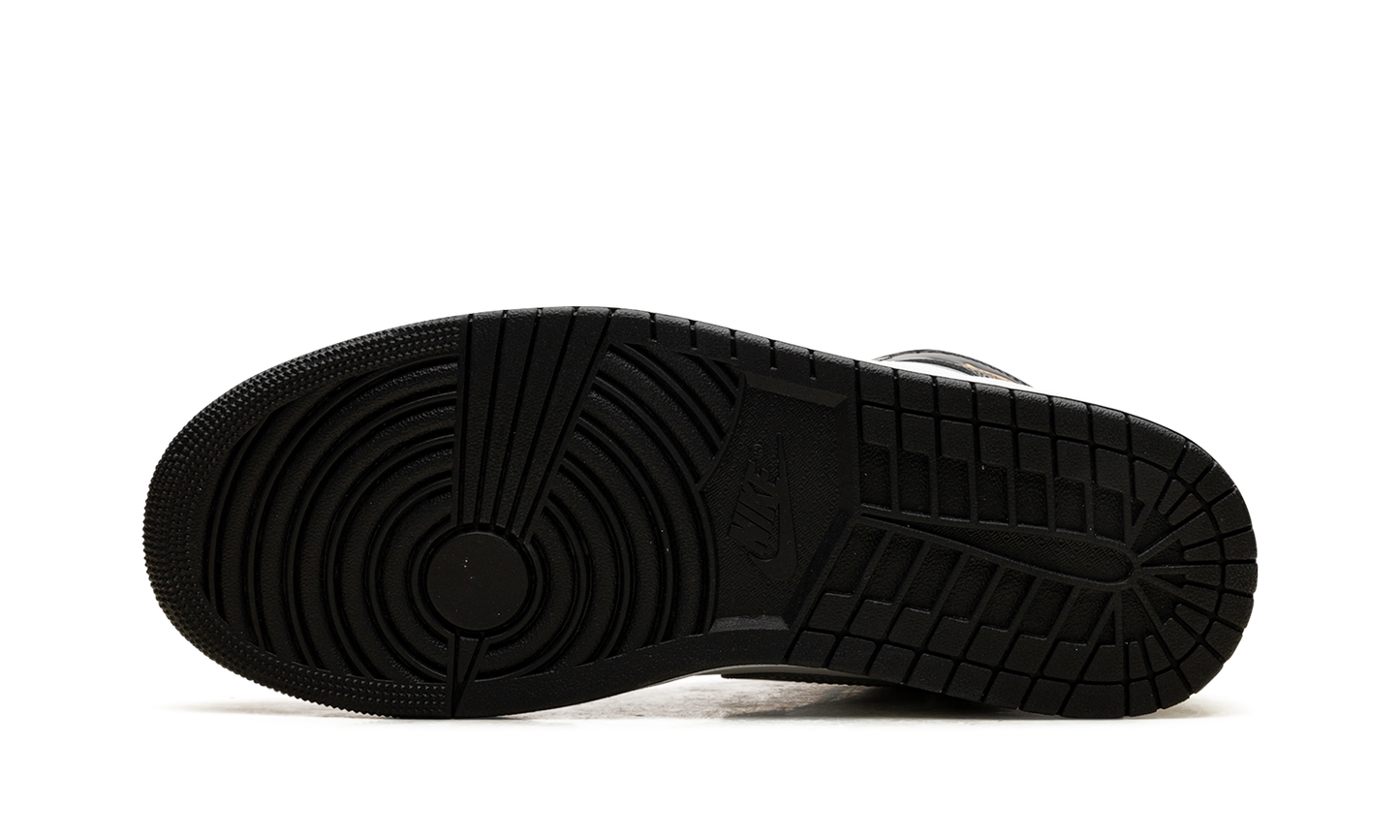 Jordan 1 Mid SE Patent Black White Metallic Silver Metallic Gold