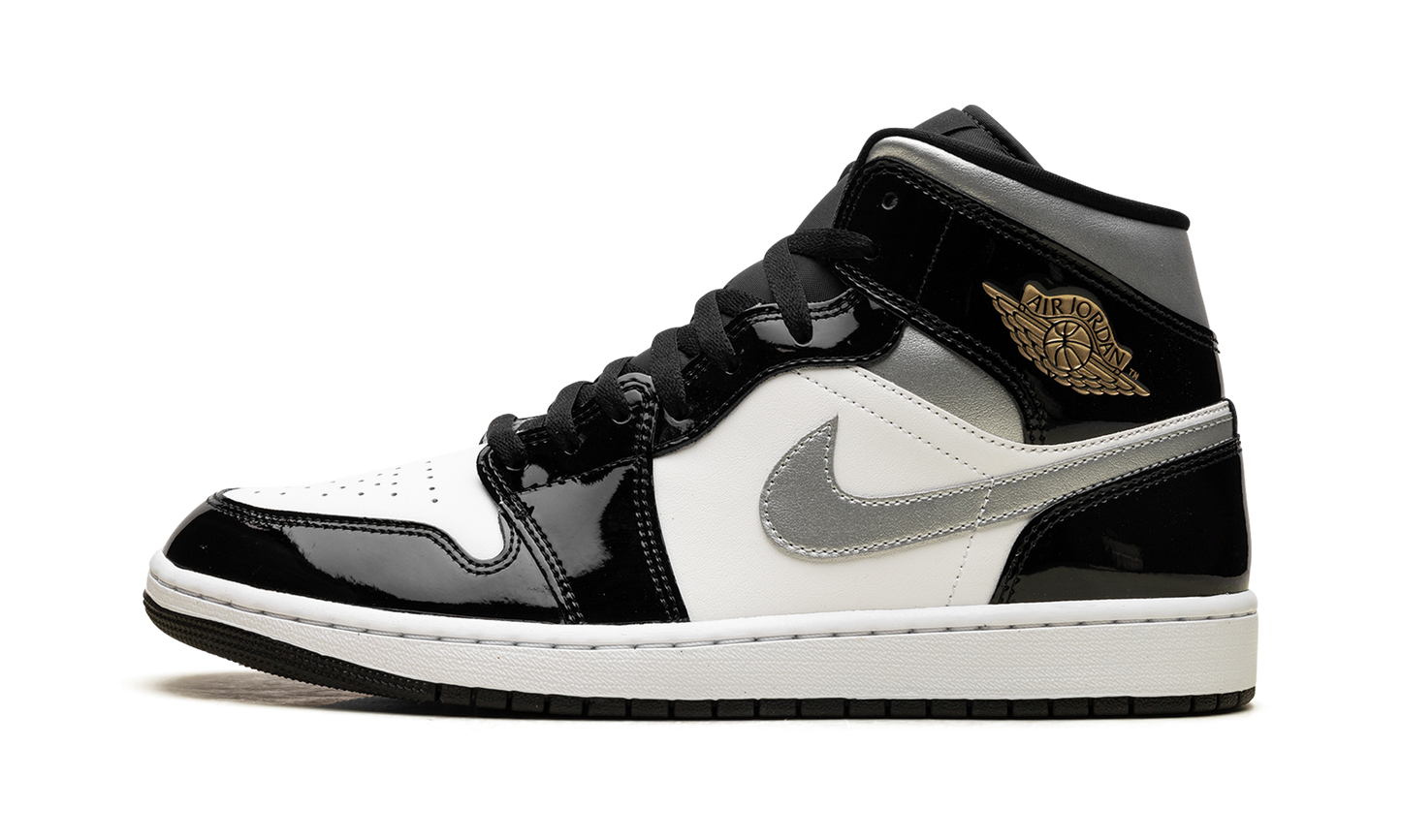 Jordan 1 Mid SE Patent Black White Metallic Silver Metallic Gold