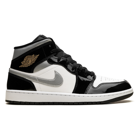 Jordan 1 Mid SE Patent Black White Metallic Silver Metallic Gold
