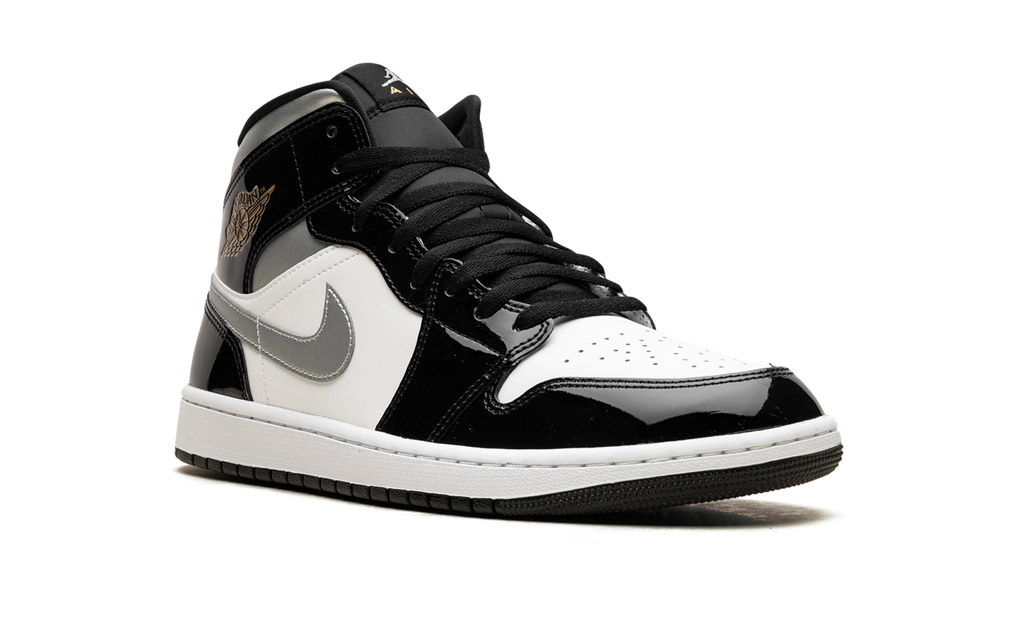 Jordan 1 Mid SE Patent Black White Metallic Silver Metallic Gold