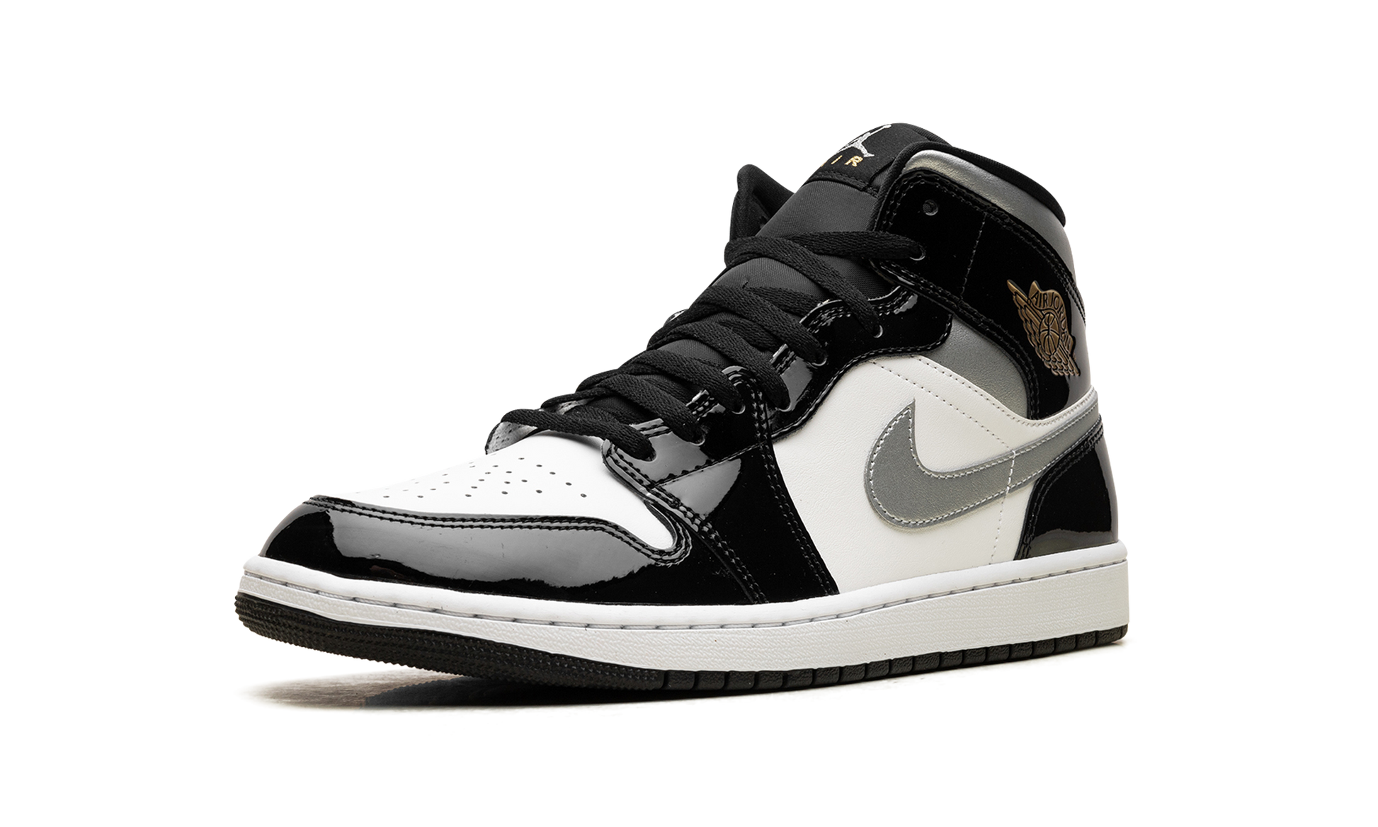 Jordan 1 Mid SE Patent Black White Metallic Silver Metallic Gold