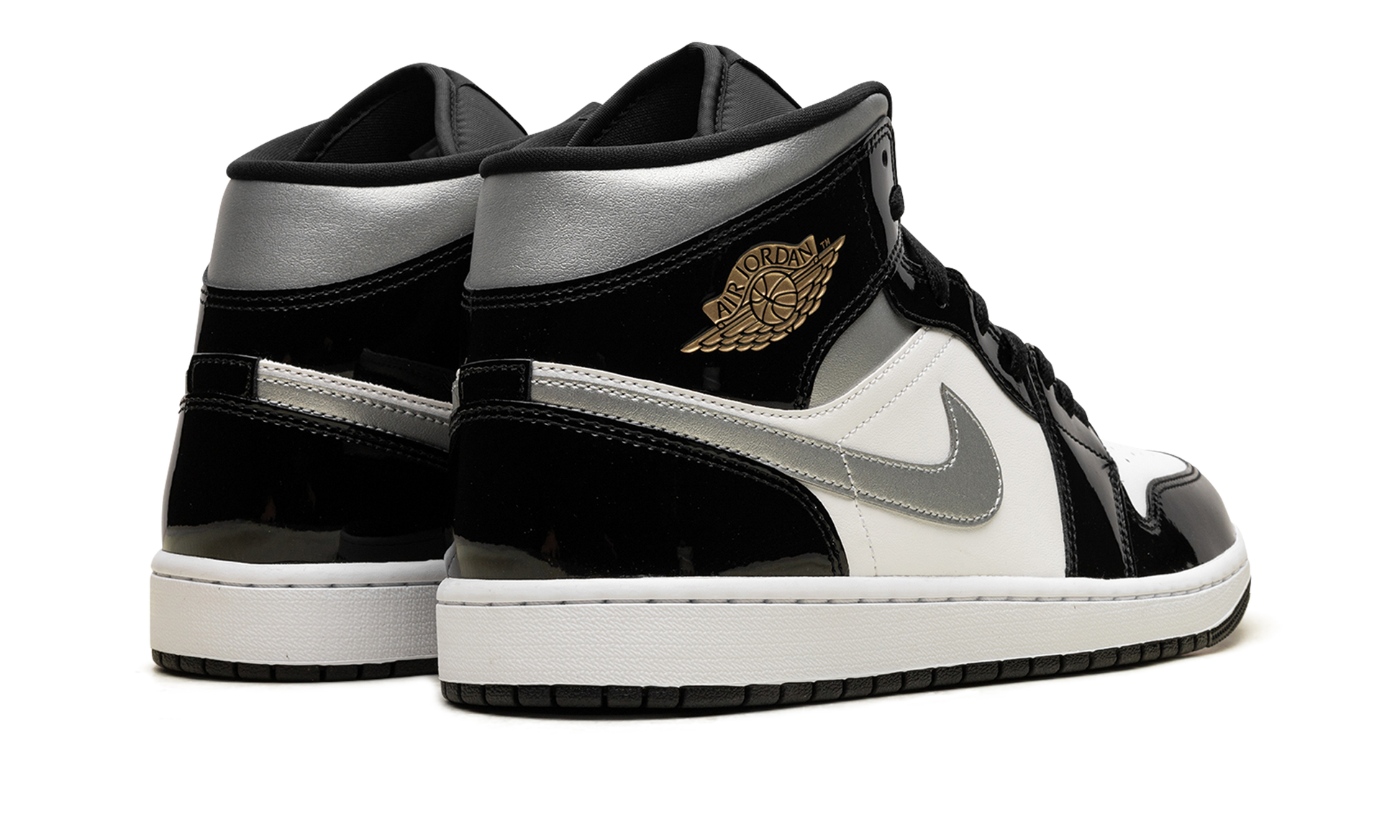 Jordan 1 Mid SE Patent Black White Metallic Silver Metallic Gold