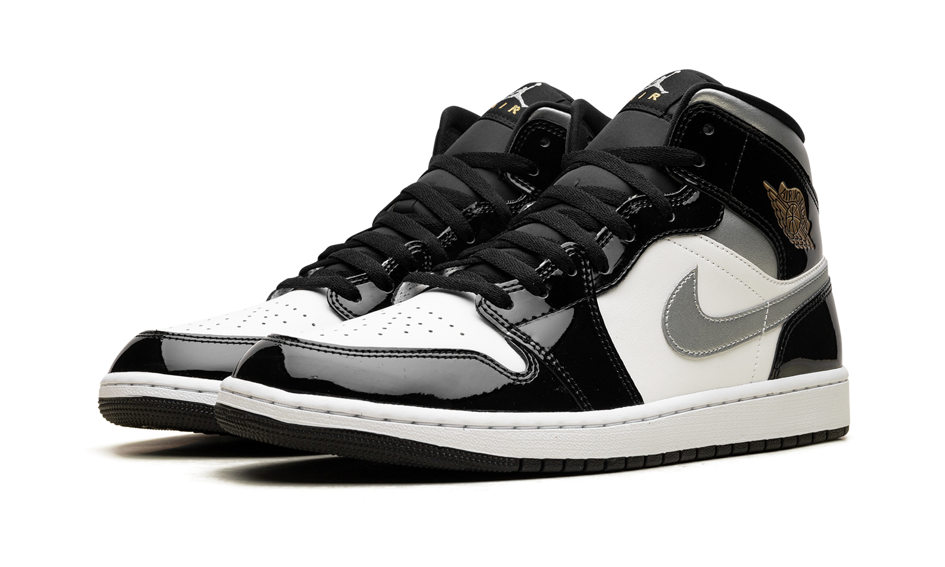 Jordan 1 Mid SE Patent Black White Metallic Silver Metallic Gold